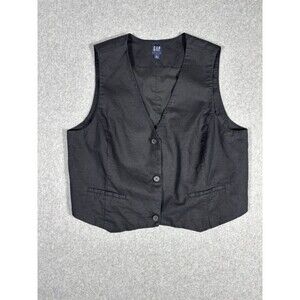 GAP Womens Black Linen Blend Longline Vest Sleeveless V Neck Blazer Size XL